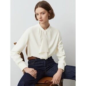button down blouse shirt long sleeve loose fit front flowy ribbon mock neck